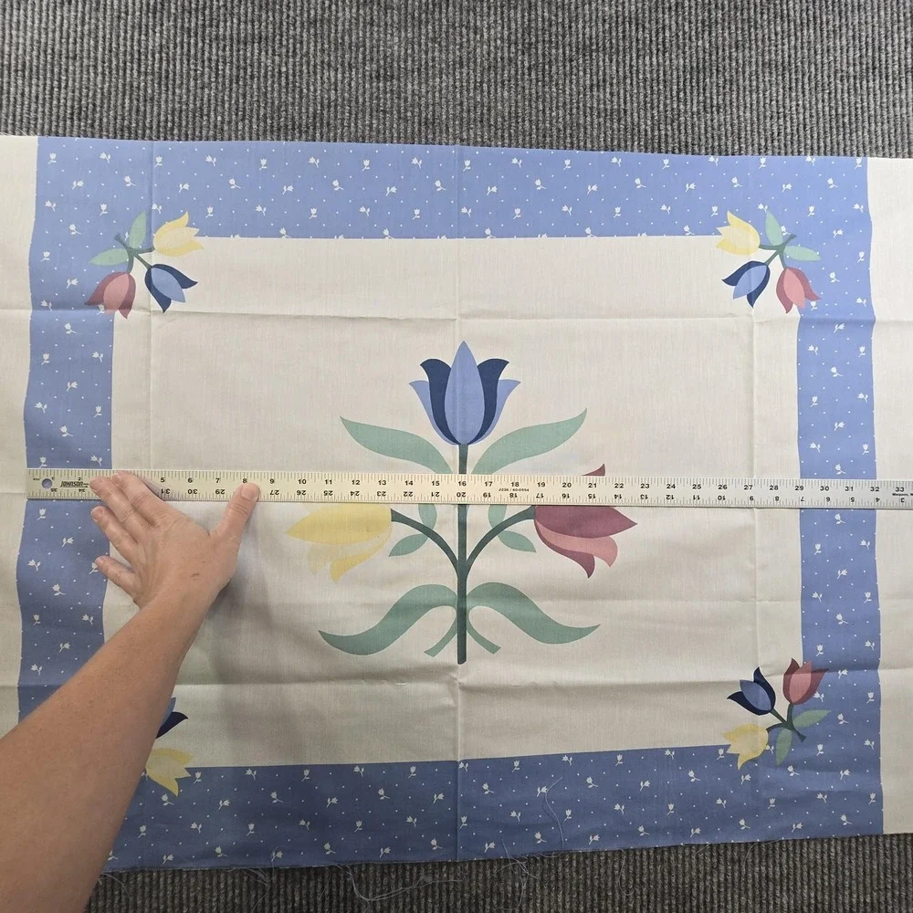 Vintage Cheater Quilt Fabric Panel Tulip Floral Cotton Quilt Blue Border Pastel